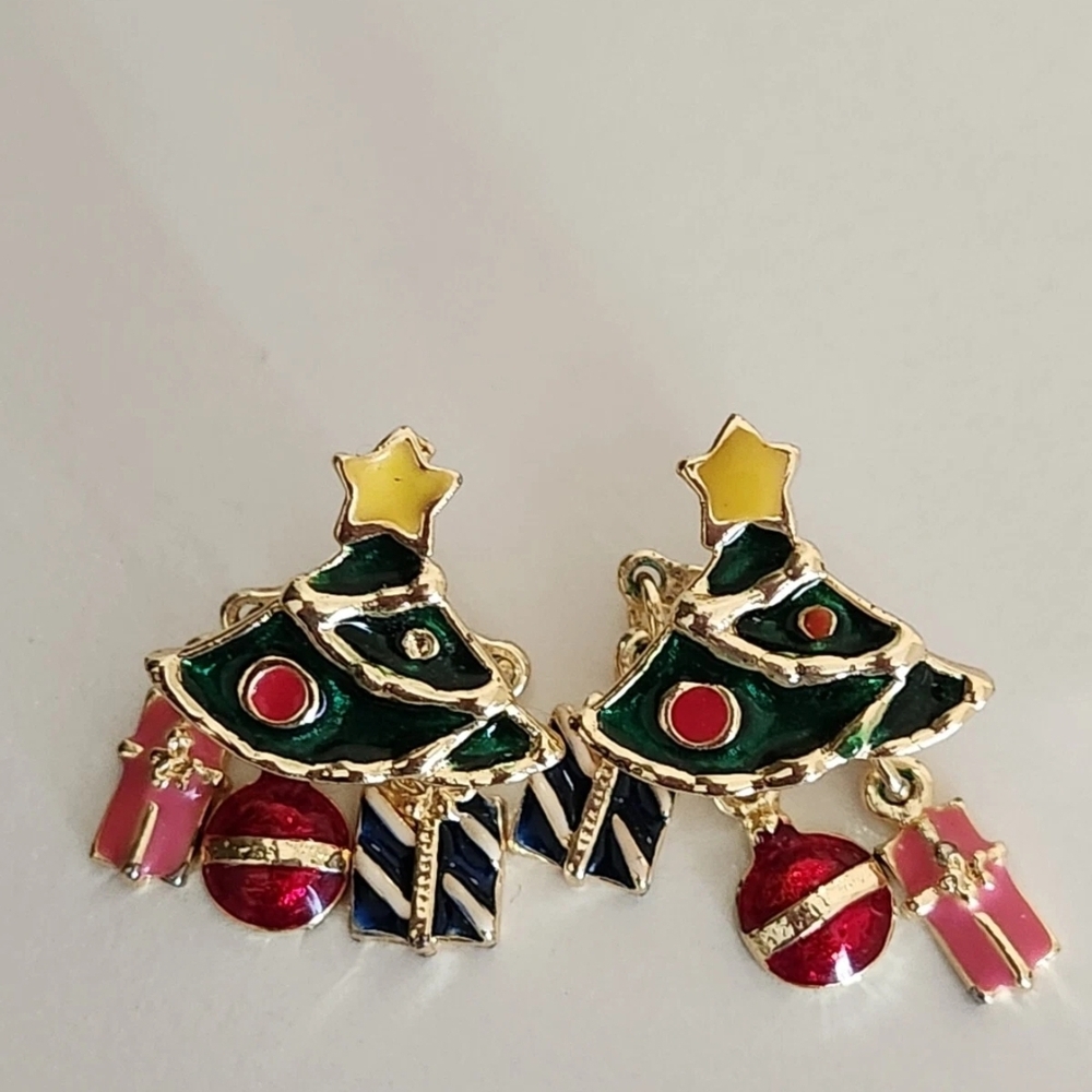 Vintage AIM Signed Festive Christmas Tree Dangle Earrings